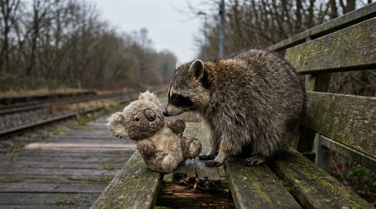 Poetry Slam authentisch schreiben: echter Waschbär beschnuppert einen Plüsch-Koala auf der Bahnsteigbank