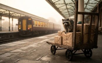 Poetry Slam Buch veröffentlichen: Waschbär auf einem Gepäckkarren mit verschnürten Bücherpaketen am nebligen Bahnsteig
