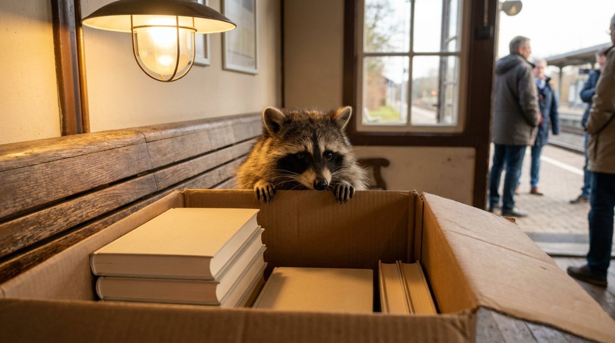 Das erste eigene Buch: Waschbär schaut über den Rand eines Kartons mit frisch gedruckten Büchern im Wartesaal