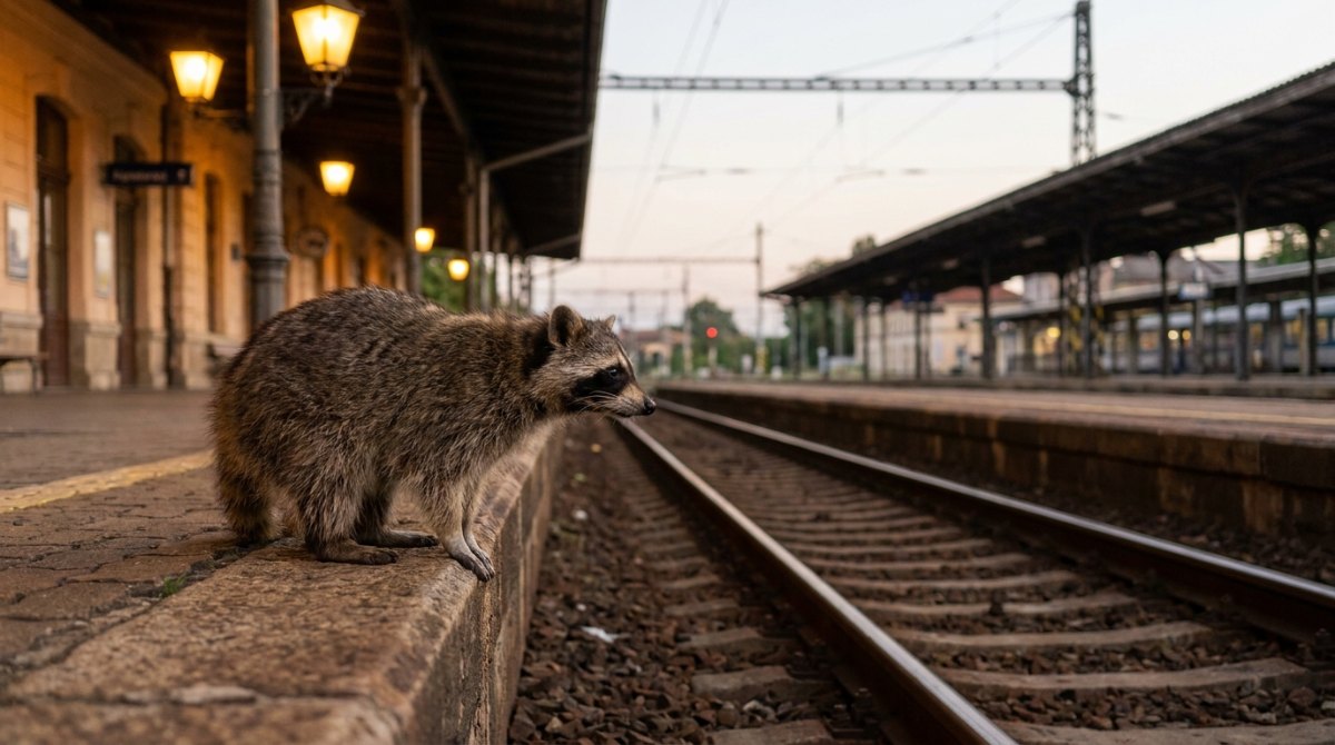 Poetry Slam Finalrunde: Ein Waschbär an der Bahnsteigkante blickt in der Dämmerung zum Gegengleis