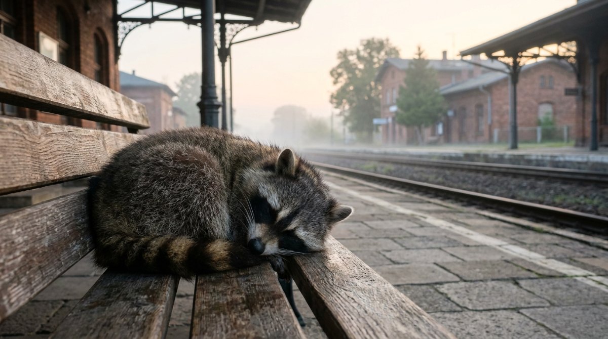 Poetry Slam Fragen: Ein Waschbär schläft im Morgennebel auf einer Bahnsteigbank