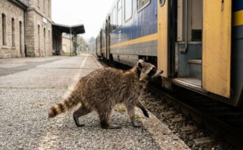 Junger Waschbär vor der offenen Tür eines Regionalzugs – Poetry Slam für Anfänger