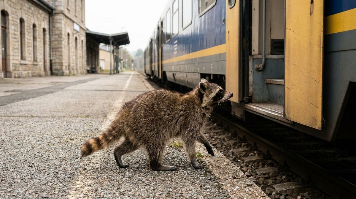 Junger Waschbär vor der offenen Tür eines Regionalzugs – Poetry Slam für Anfänger