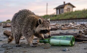 Worte für die Seele: Waschbär untersucht eine angespülte Flaschenpost am Strand neben der Küstenbahn