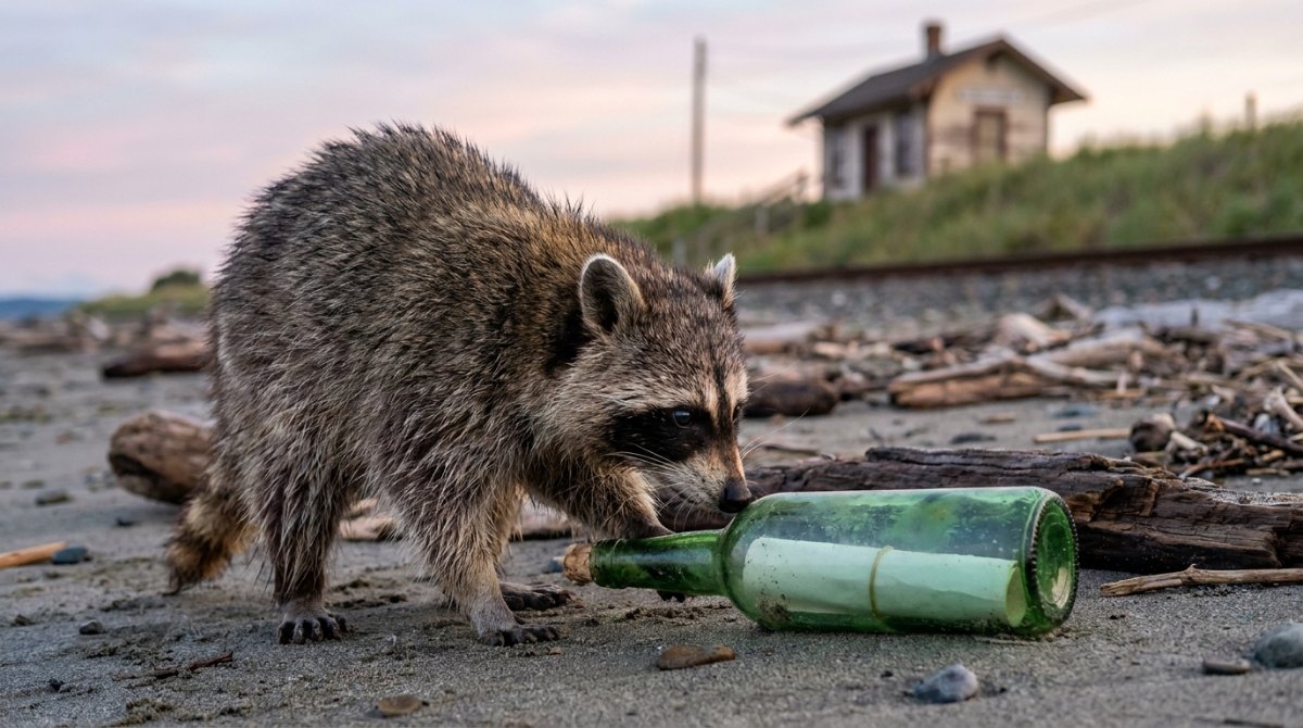 Worte für die Seele: Waschbär untersucht eine angespülte Flaschenpost am Strand neben der Küstenbahn