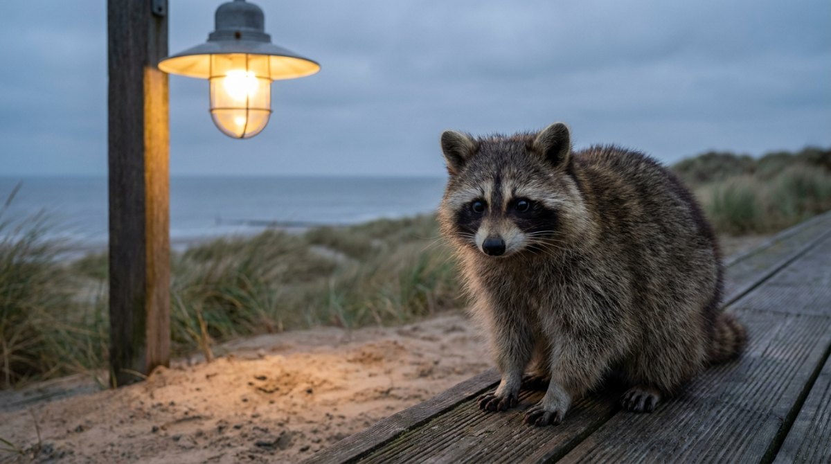 Waschbär auf den Holzbohlen hinter den Dünen in der Dämmerung, die Lampe geht gerade an