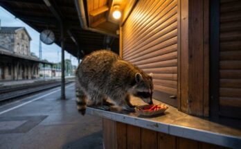 Poetry Slam Ideen mit Schärfe: Ein Waschbär schnuppert am Imbissstand auf dem Bahnsteig an einer Schale roter Chilischoten