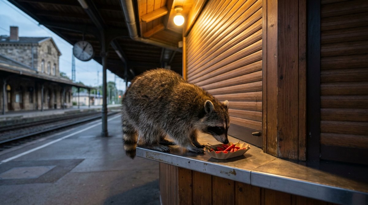 Poetry Slam Ideen mit Schärfe: Ein Waschbär schnuppert am Imbissstand auf dem Bahnsteig an einer Schale roter Chilischoten
