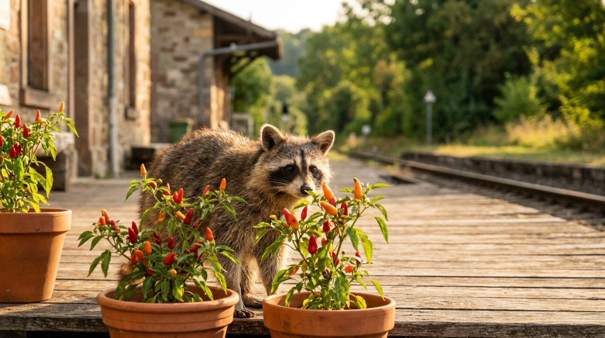 Poetry Slam Ideen wachsen lassen: Ein Waschbär zwischen Chilipflanzen auf dem Bahnsteig eines Landbahnhofs