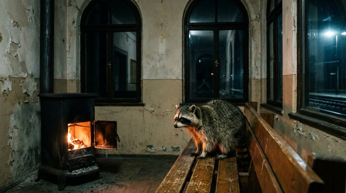 Poetry Slam Inspiration: Ein Waschbär sitzt nachts im alten Wartesaal neben einem brennenden Ofen