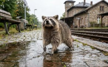 Poetry Slam Jungbrunnen: Waschbär planscht in einer Pfütze auf dem Bahnsteig