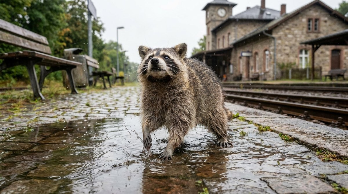Poetry Slam Jungbrunnen: Waschbär planscht in einer Pfütze auf dem Bahnsteig