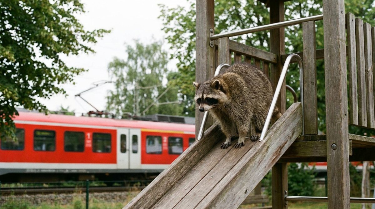 Poetry Slam Jungbrunnen: Waschbär auf einer Rutsche am Spielplatz neben der Bahnstrecke