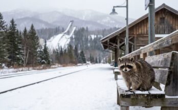 Waschbär auf verschneiter Bahnsteigbank, im Hintergrund eine Sprungschanze – Poetry Slam Jury