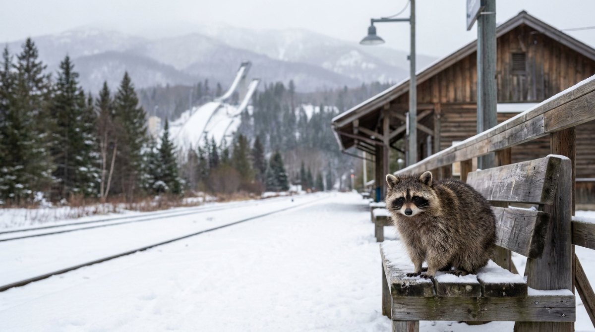 Waschbär auf verschneiter Bahnsteigbank, im Hintergrund eine Sprungschanze – Poetry Slam Jury