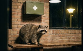 Waschbär auf einer Bank unter einem Erste-Hilfe-Kasten im Wartesaal – Poetry Slam ist keine Therapie