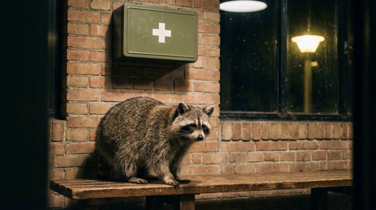 Waschbär auf einer Bank unter einem Erste-Hilfe-Kasten im Wartesaal – Poetry Slam ist keine Therapie
