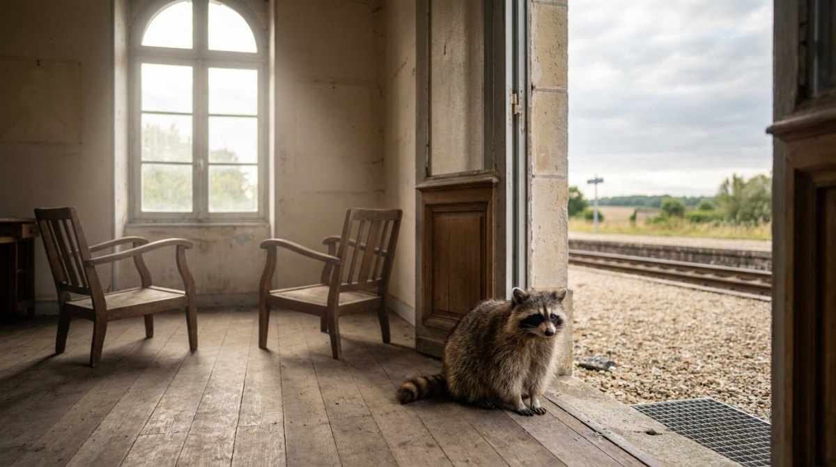 Waschbär in einem stillen Raum mit zwei Stühlen am Bahnsteig – Poetry Slam ist keine Therapie