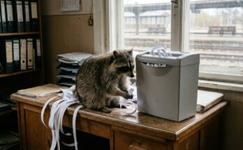 Poetry Slam Mietvertrag: Waschbär mit Papierstreifen am Aktenvernichter im Bahnhofsbüro