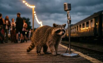 Poetry Slam Moderator: Waschbär am Mikrofon auf einem Bahnsteigfest