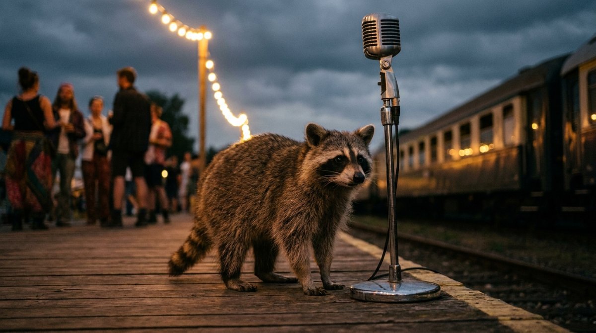 Poetry Slam Moderator: Waschbär am Mikrofon auf einem Bahnsteigfest