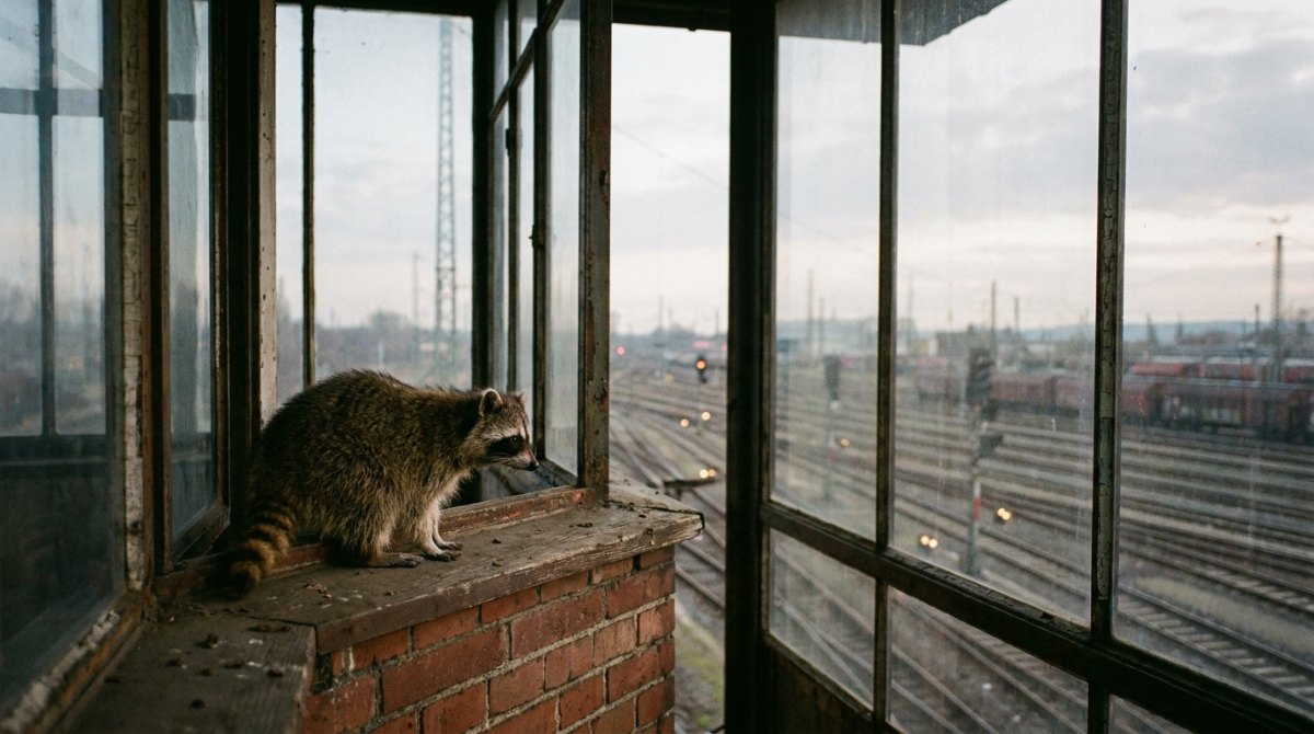 Poetry Slam Moderator mit Überblick: Waschbär im Stellwerksturm über dem Rangierbahnhof