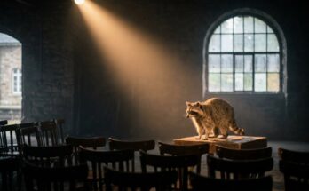 Poetry Slam Psychologie: Waschbär allein im Scheinwerferkegel auf einer kleinen Bühne im alten Güterschuppen