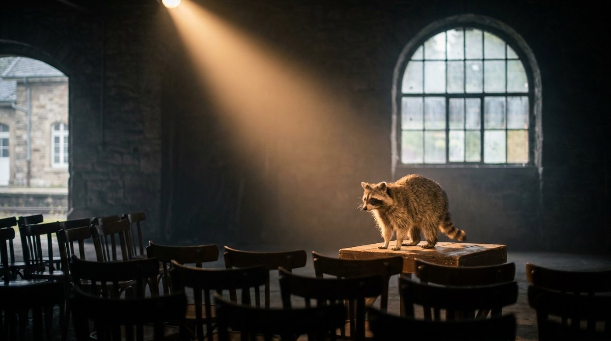Poetry Slam Psychologie: Waschbär allein im Scheinwerferkegel auf einer kleinen Bühne im alten Güterschuppen