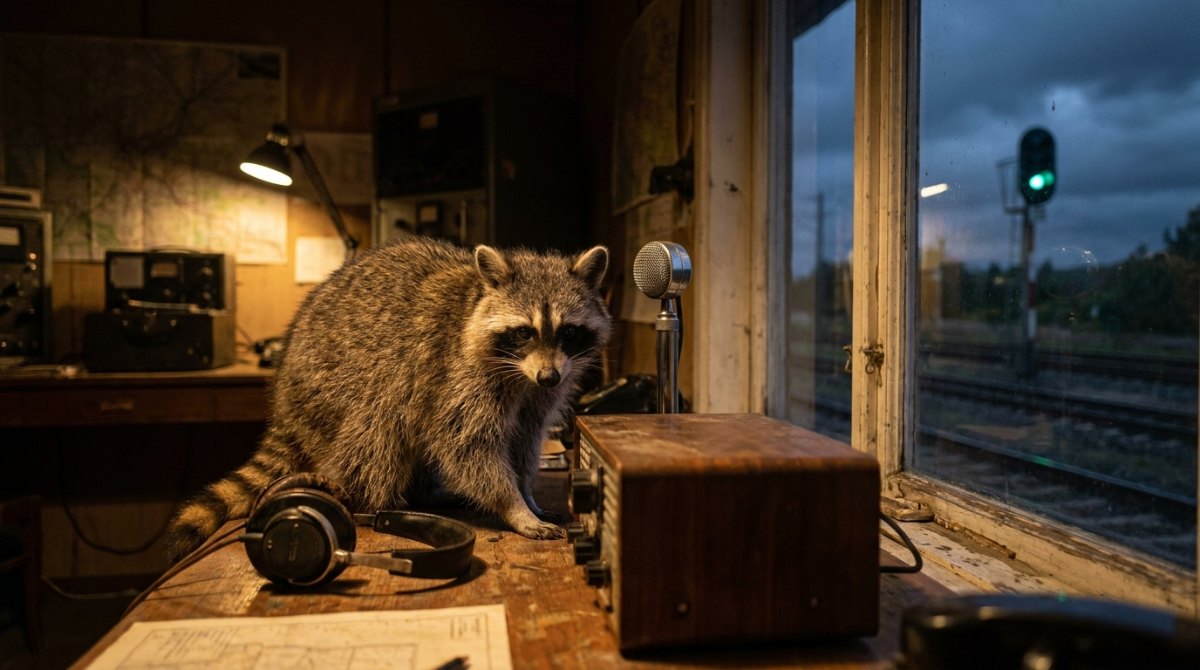 Ruhig am Mikrofon: Waschbär auf dem Funktisch im Stellwerk, draußen zeigt das Signal Grün