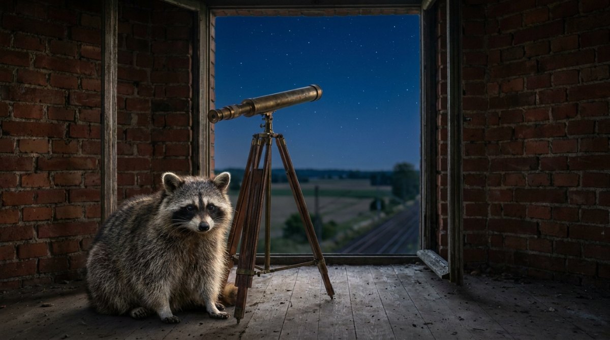 Poetry Slam Texte Beispiele: Waschbär neben einem Fernrohr im alten Wasserturm am Gleis