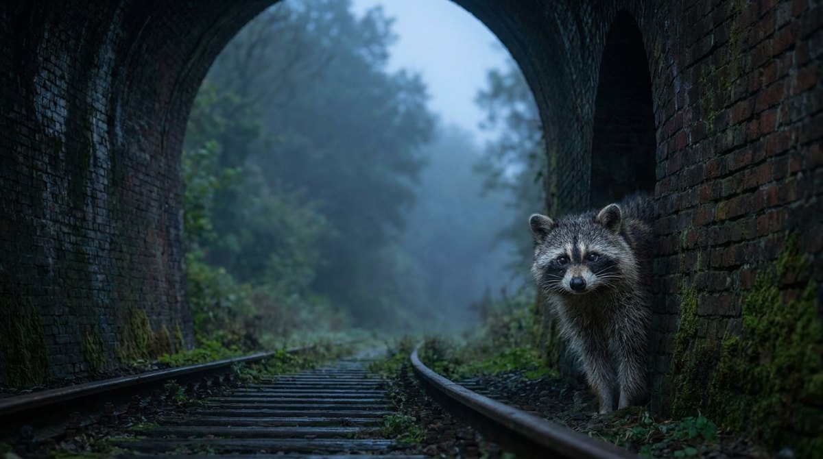 Waschbär schaut aus einem nebligen Eisenbahntunnel – Poetry Slam Tipps für ehrliche Texte