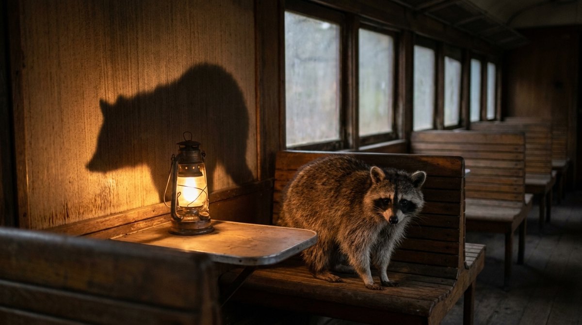 Waschbär im alten Eisenbahnwagen, sein Schatten an der Wand ist riesig – Poetry Slam Tipps gegen Angst auf der Bühne