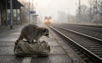Poetry Slam Tour: Waschbär auf einer Reisetasche am Bahnsteig im Morgennebel, ein Regionalzug fährt ein