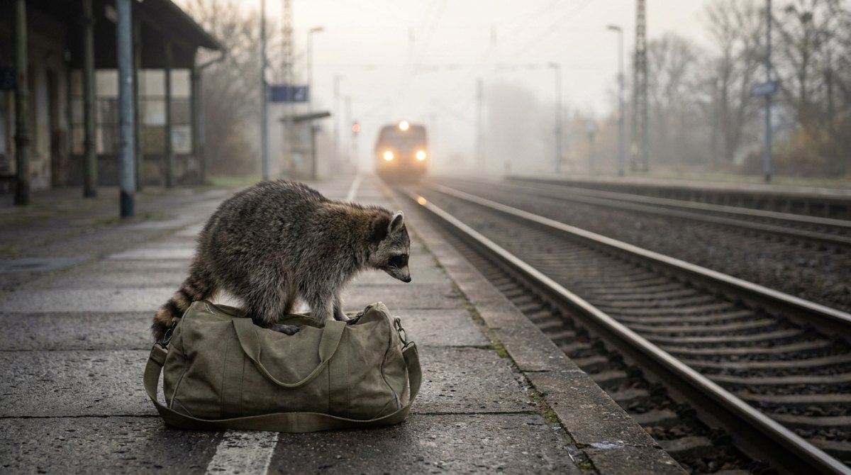 Poetry Slam Tour: Waschbär auf einer Reisetasche am Bahnsteig im Morgennebel, ein Regionalzug fährt ein
