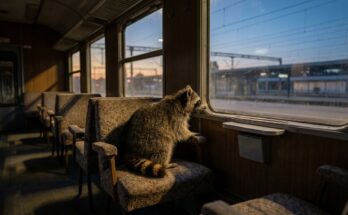 Poetry Slam und Heilung: Waschbär sitzt still im leeren Zugabteil und schaut auf den Bahnsteig