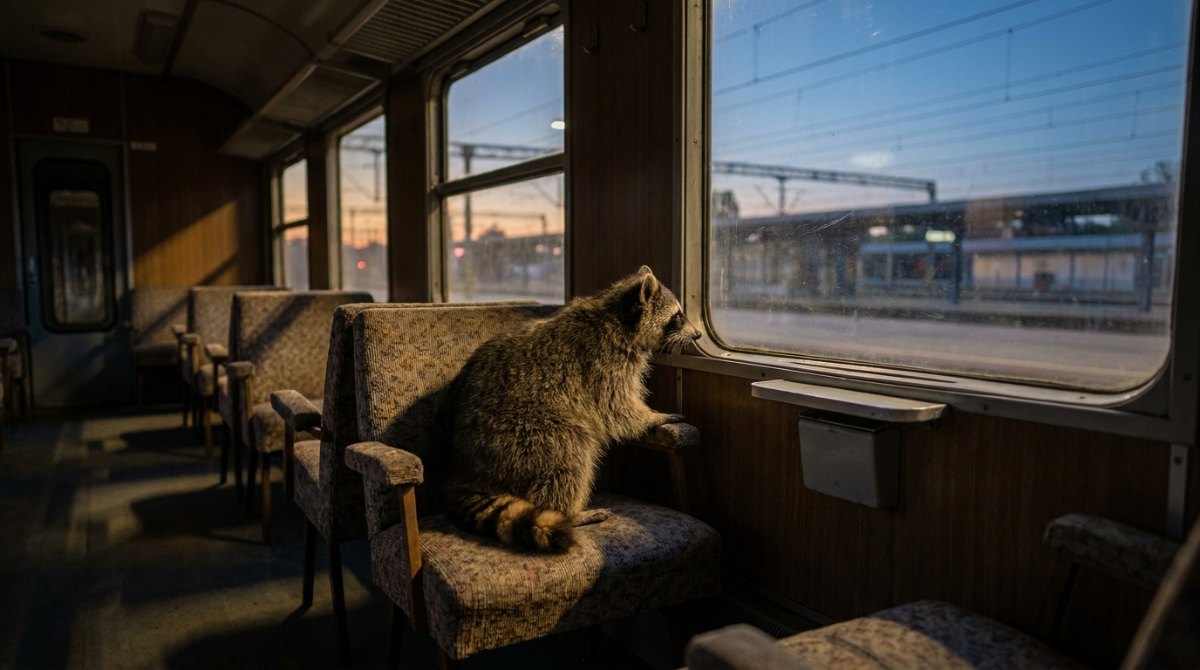 Poetry Slam und Heilung: Waschbär sitzt still im leeren Zugabteil und schaut auf den Bahnsteig