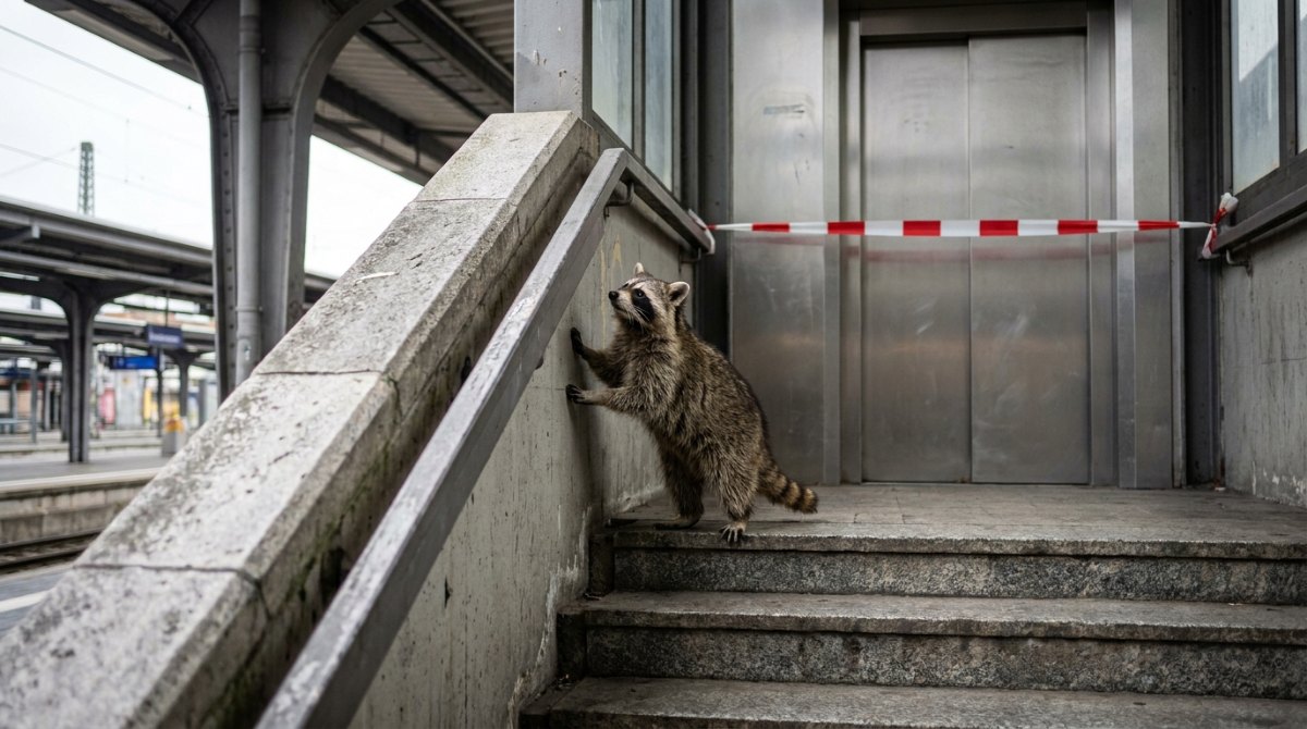 Waschbär auf der Treppe neben einem gesperrten Bahnhofsaufzug – Poetry-Slam-Wettbewerb-Strategie Stufe für Stufe