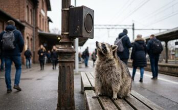 Poetry Slam Wirkung: Waschbär sitzt auf der Bahnsteigbank und schaut zum Lautsprecher hoch