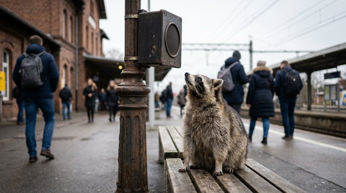 Poetry Slam Wirkung: Waschbär sitzt auf der Bahnsteigbank und schaut zum Lautsprecher hoch