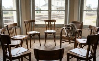 Waschbär im Stuhlkreis mit leeren Blättern im alten Wartesaal – Poetry-Slam-Workshop geben