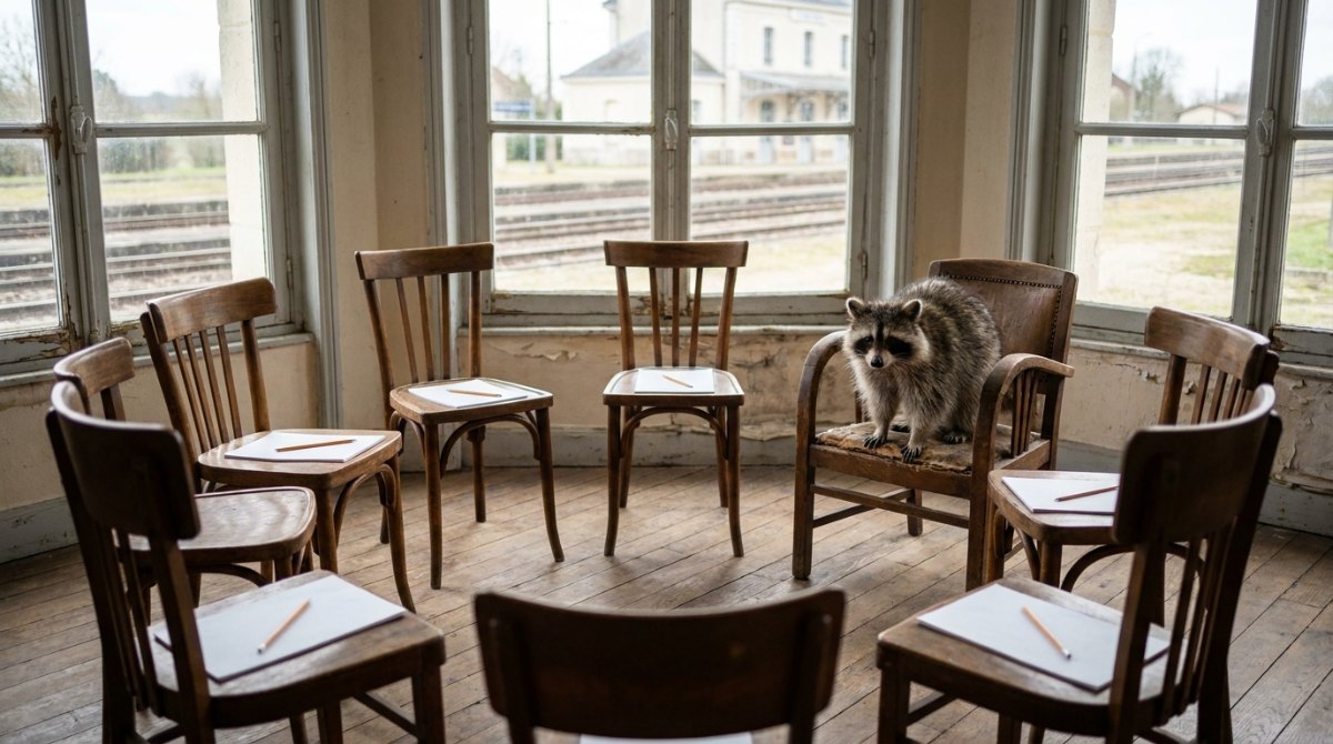 Waschbär im Stuhlkreis mit leeren Blättern im alten Wartesaal – Poetry-Slam-Workshop geben