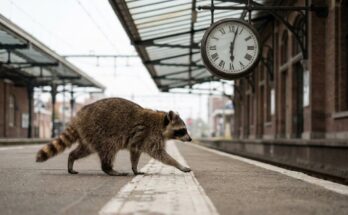 Poetry Slam Zeitlimit: Waschbär eilt auf dem Bahnsteig unter der großen Bahnhofsuhr die weiße Linie entlang