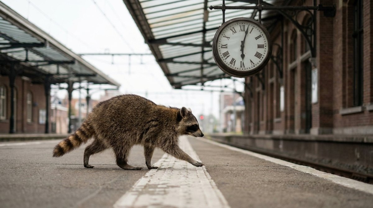 Poetry Slam Zeitlimit: Waschbär eilt auf dem Bahnsteig unter der großen Bahnhofsuhr die weiße Linie entlang