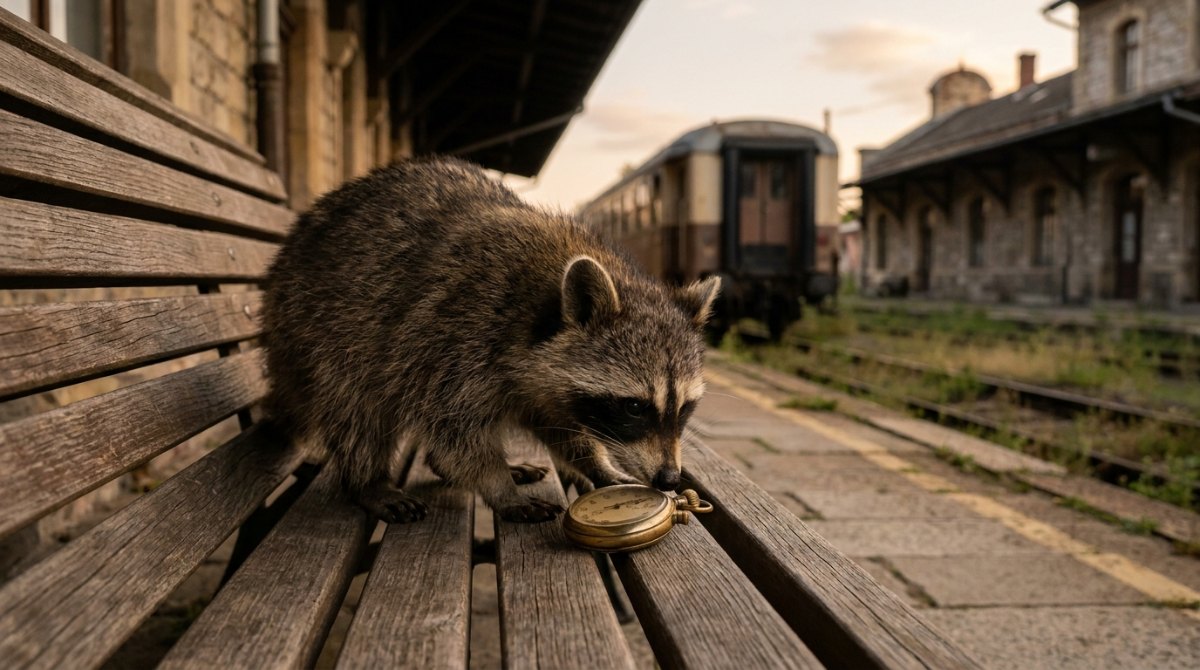 Poetry Slam Zeitlimit: Waschbär schnuppert auf der Bahnsteigbank an einer alten Stoppuhr