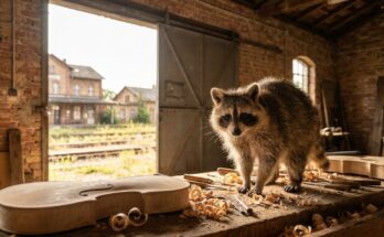 Poetry Texte bauen: Ein Waschbär auf der Werkbank einer Geigenbauwerkstatt im alten Güterschuppen am Bahnhof