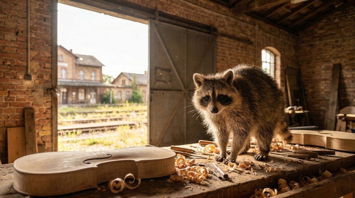 Poetry Texte bauen: Ein Waschbär auf der Werkbank einer Geigenbauwerkstatt im alten Güterschuppen am Bahnhof