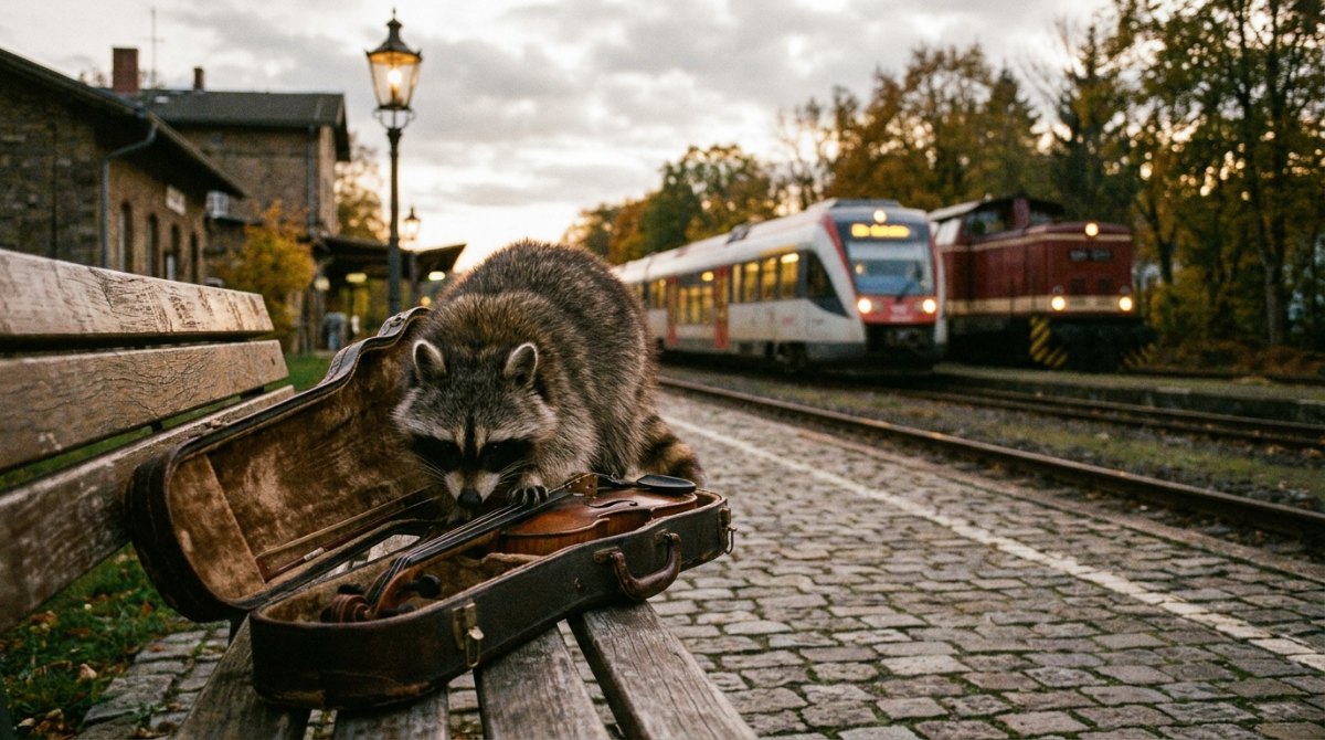 Poetry Texte, die klingen: Ein Waschbär schnuppert an einem offenen Geigenkasten auf der Bahnsteigbank