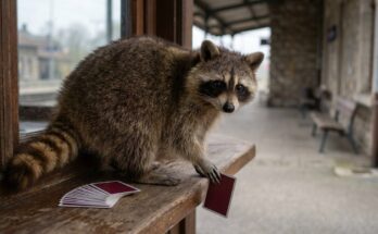 Pointen bauen wie ein Zaubertrick: Waschbär mit Spielkarten auf der Theke eines Bahnhofskiosks