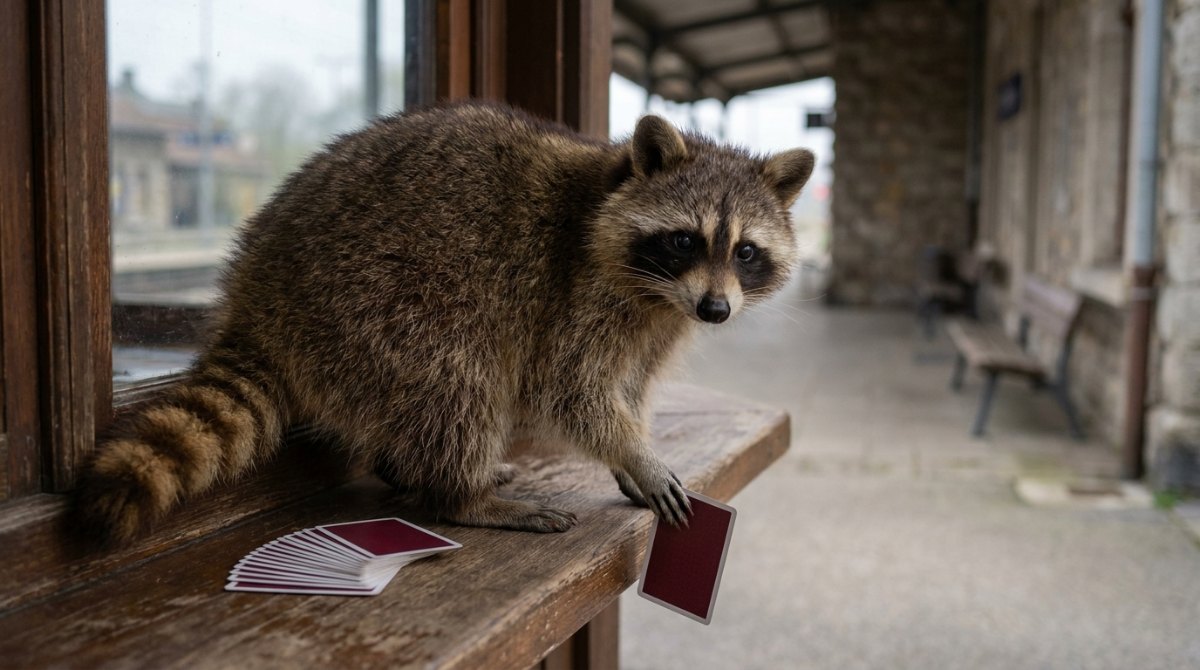 Pointen bauen wie ein Zaubertrick: Waschbär mit Spielkarten auf der Theke eines Bahnhofskiosks