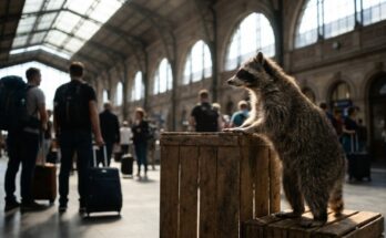 Politische Texte: Waschbär an einer Holzkiste in der Bahnhofshalle wie an einem Rednerpult